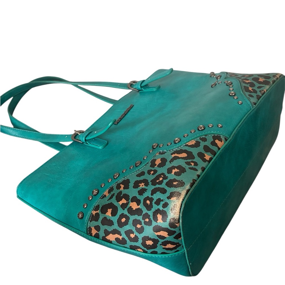 Montana West Turquoise Tote with Leopard Accent with concealed carry pocket - Picture 4 of 11